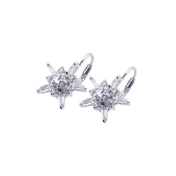 .925 Sterling Silver Rhodium Plated  Star Clear Cubic Zirconia Hook Earring