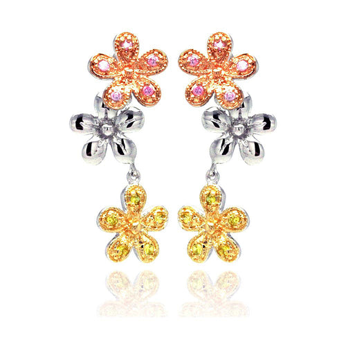 .925 Sterling Silver Rhodium Plated Multicolor Flower Cubic Zirconia Dangling Stud Earring