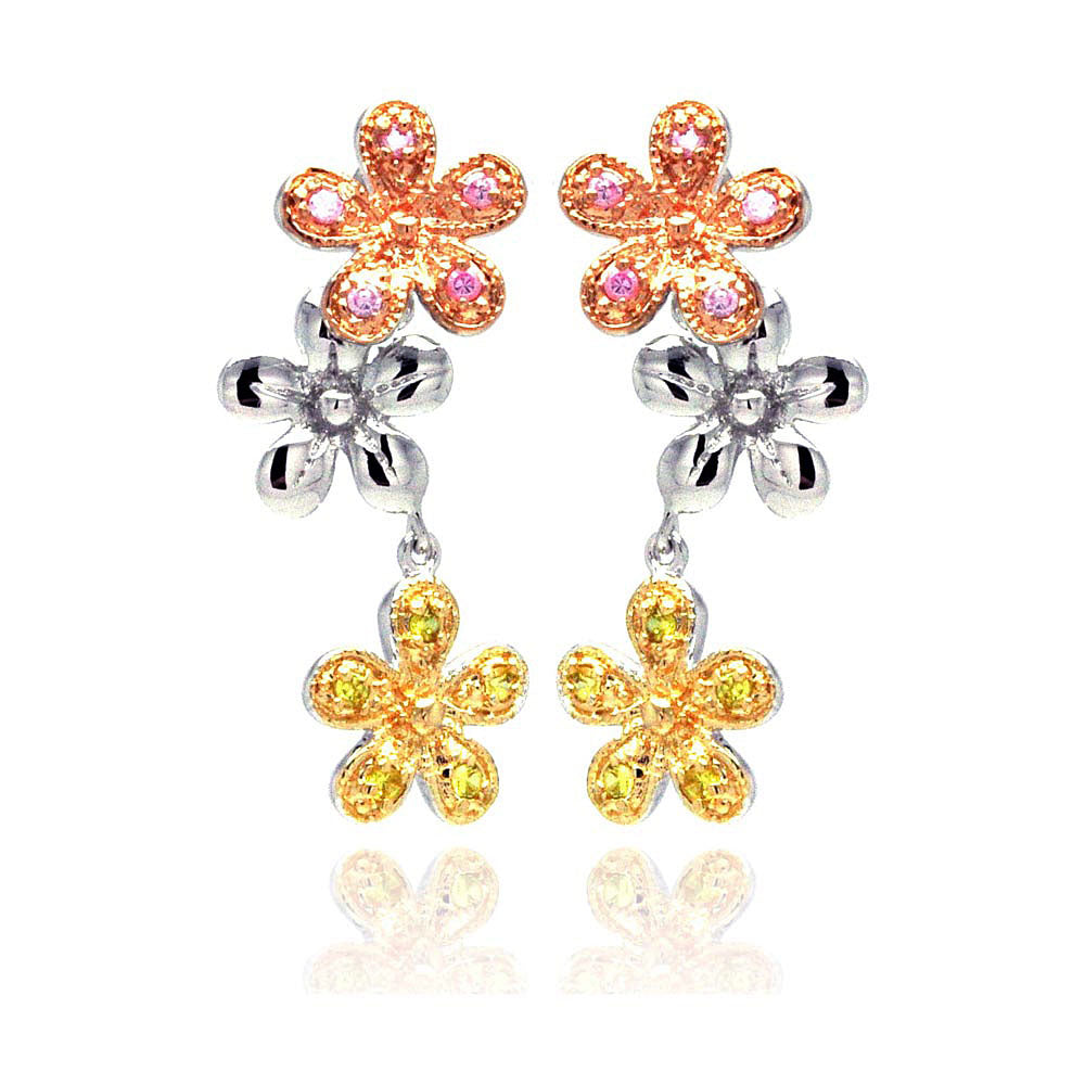 .925 Sterling Silver Rhodium Plated Multicolor Flower Cubic Zirconia Dangling Stud Earring