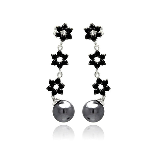 925 Sterling Silver Black Rhodium Plated Flower Clear Round Cubic