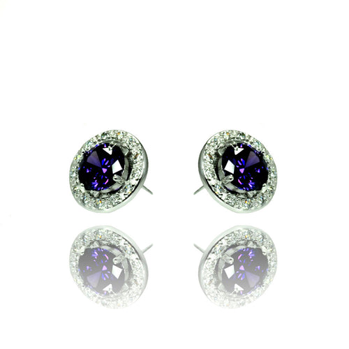 .925 Sterling Silver Rhodium Plated Purple &  Clear Round Cubic Zirconia Stud Earring
