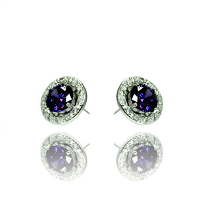 .925 Sterling Silver Rhodium Plated Purple &  Clear Round Cubic Zirconia Stud Earring