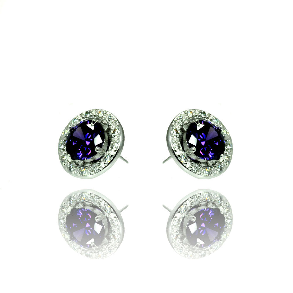 .925 Sterling Silver Rhodium Plated Purple &  Clear Round Cubic Zirconia Stud Earring