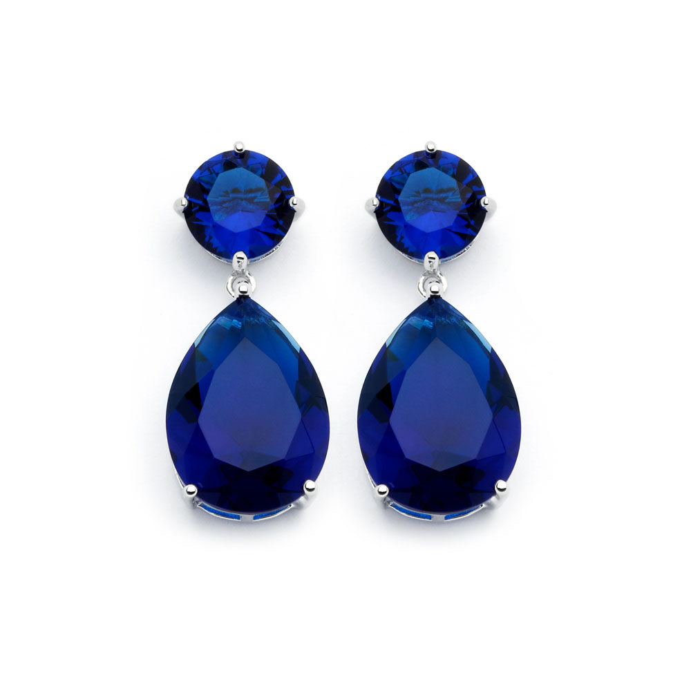 .925 Sterling Silver Rhodium Plated Round Teardrop Blue Sapphire Cubic Zirconia Dangling Earring