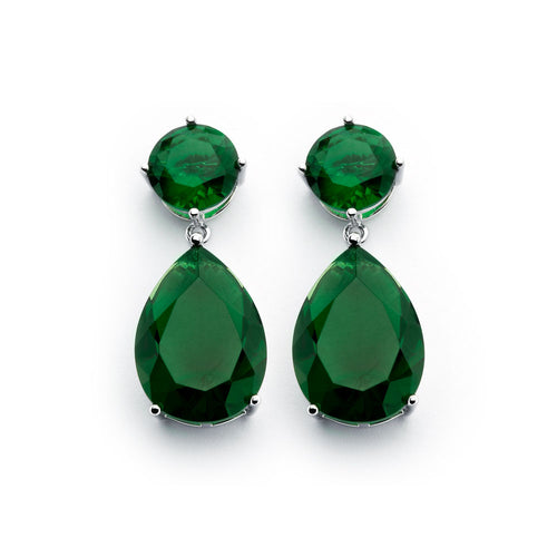 .925 Sterling Silver Rhodium Plated Round Teardrop Green Emerlad Cubic Zirconia Dangling Earring