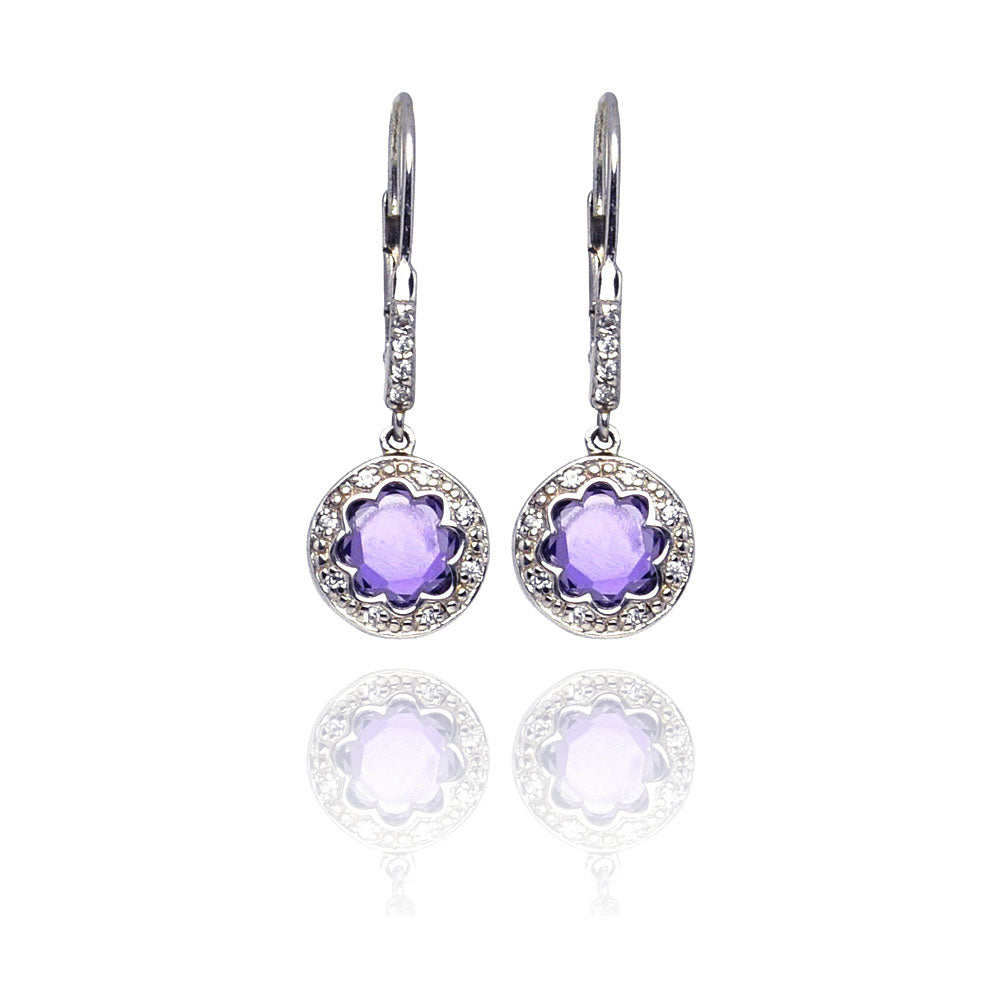 .925 Sterling Silver Rhodium Plated  Roung Violet Purple Flower Cubic Zirconia Dangling Earring