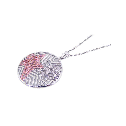 925 Sterling Silver Rhodium Plated Circle Pink Start Cubic Zirconia Necklace 18 Inches