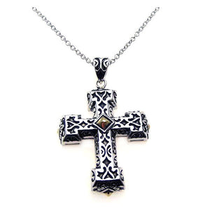 .925 Sterling Silver Rhodium Cross Small Center Square Cubic Zirconia Necklace 18 Inches