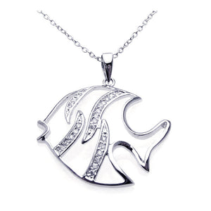 .925 Sterling Silver Rhodium Cubic Zirconia White Enamel Fish Necklace 18 Inches