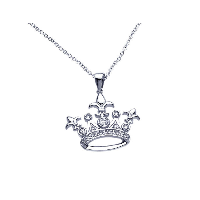 .925 Sterling Silver Rhodium Crown Cubic Zirconia Necklace 18 Inches