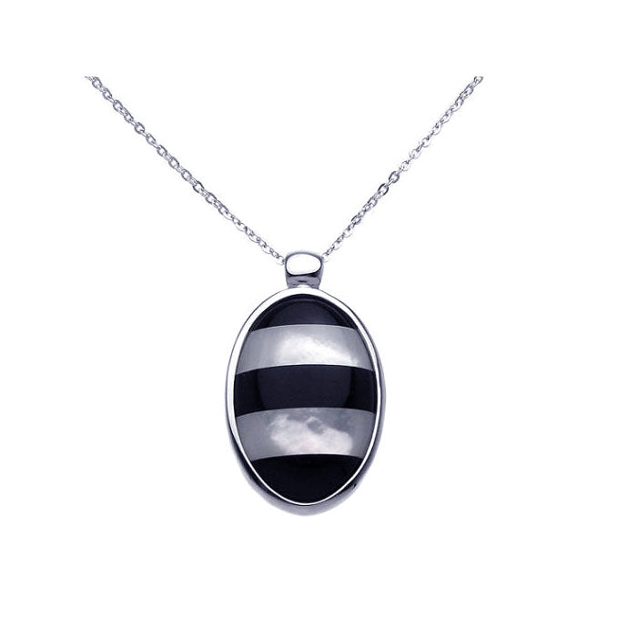 .925 Sterling Silver Rhodium MOP Onyx Oval Cubic Zirconia Necklace 18 Inches