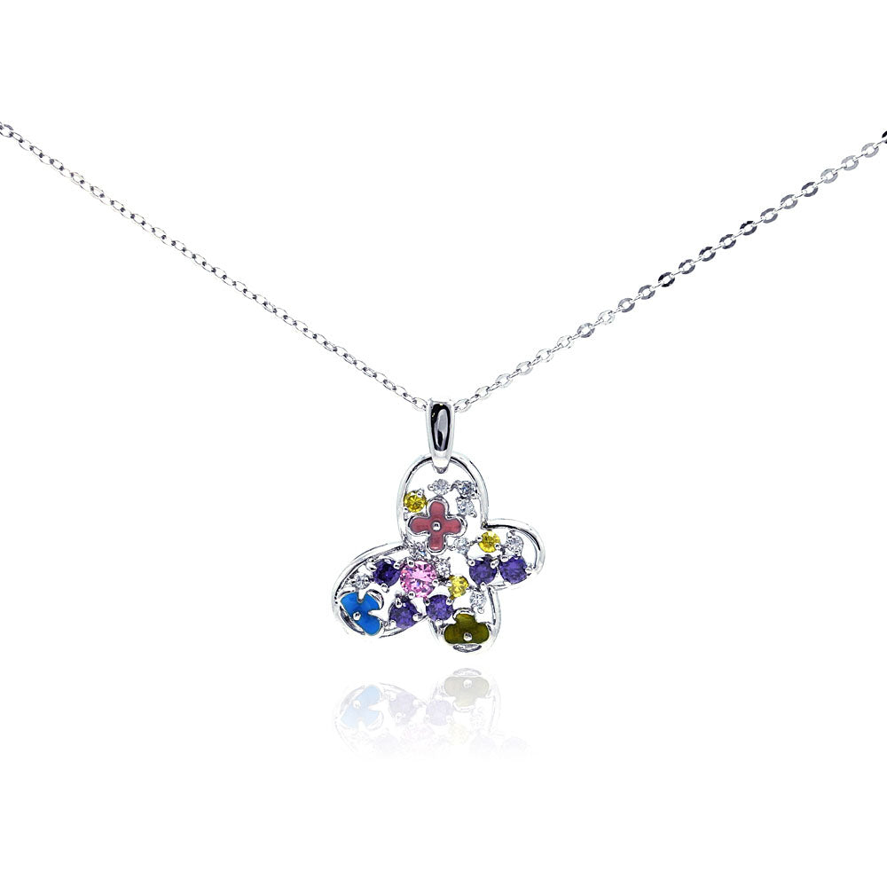 .925 Sterling Silver Rhodium Multicolor Butterfly Cubic Zirconia Necklace 18 Inches