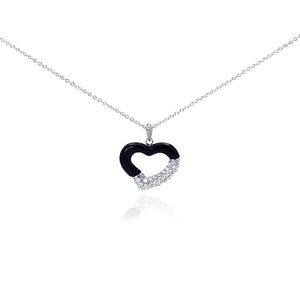 .925 Sterling Silver Rhodium Plated Open Heart Black Onyx Clear Cubic Zirconia Necklace 18 Inches