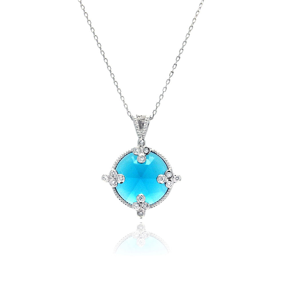 .925 Sterling Silver Rhodium Plated Round Blue Topaz Cubic Zirconia Necklace 18 Inches