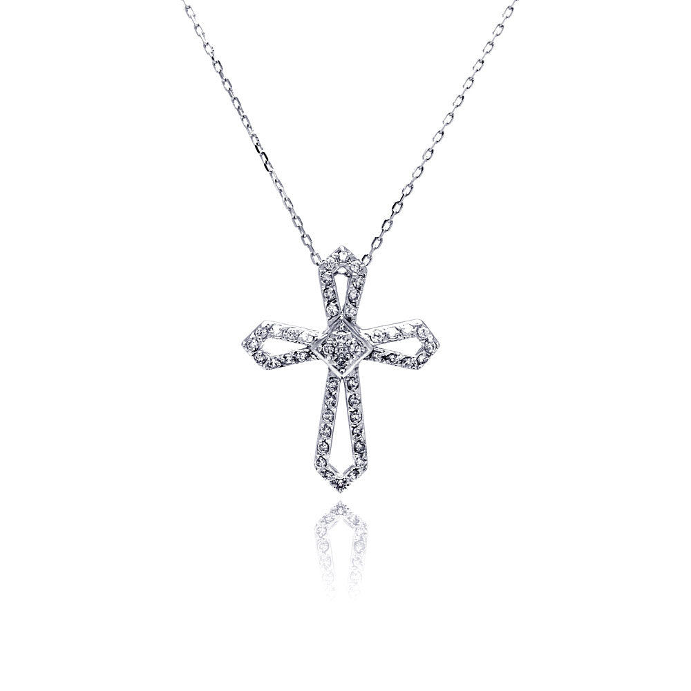 .925 Sterling Silver Rhodium Open Cross Cubic Zirconia Necklace 18 Inches