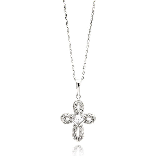 .925 Sterling Silver Rhodium Plated Open Cross Cubic Zirconia Necklace 18 Inches