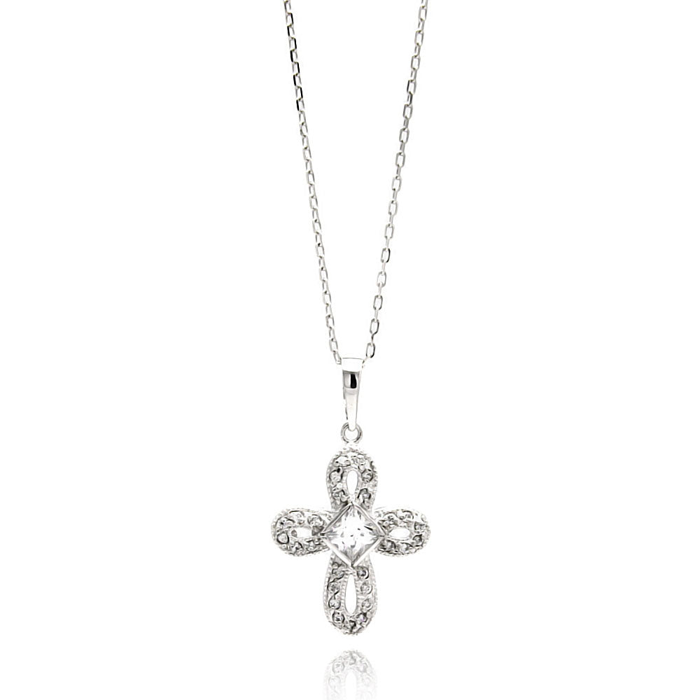 .925 Sterling Silver Rhodium Plated Open Cross Cubic Zirconia Necklace 18 Inches