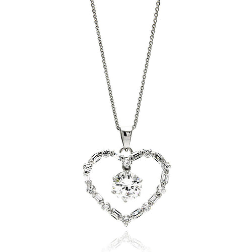 .925 Sterling Silver Rhodium Plated Open Heart Center Cubic Zirconia Necklace 18 Inches