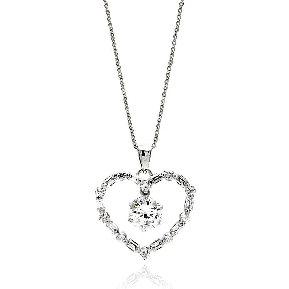 .925 Sterling Silver Rhodium Plated Open Heart Center Cubic Zirconia Necklace 18 Inches