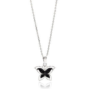 .925 Sterling Silver Rhodium Plated Open Butterfly Black & Clear Cubic Zirconia Necklace 18 Inches