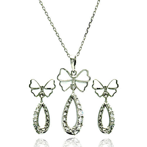 .925 Sterling Silver Rhodium Plated Open Butterfly Teardrop Clear Cubic Zirconia Hanging