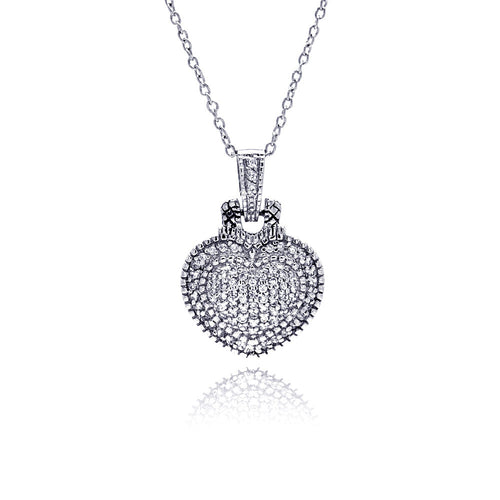 925 Sterling Silver Clear Cubic Zirconia Rhodium Plated Heart Encrusted