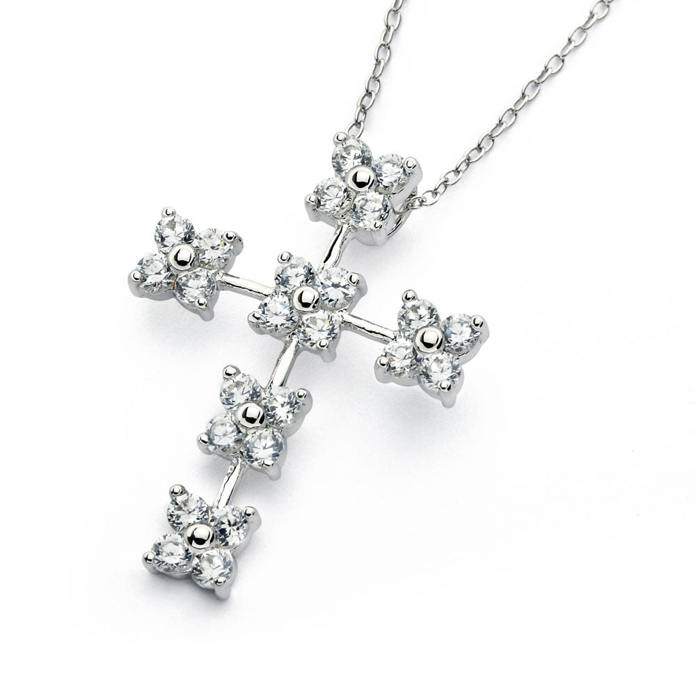 .925 Sterling Silver Rhodum Plated Clear Cubic Zirconia Flower Cross Pendant Necklace 18 Inches