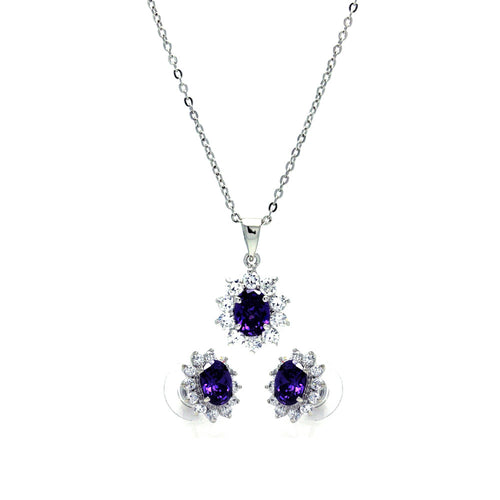 .925 Sterling Silver Rhodium Plated Purple &  Clear Cluster Flower Cubic Zirconia Stud