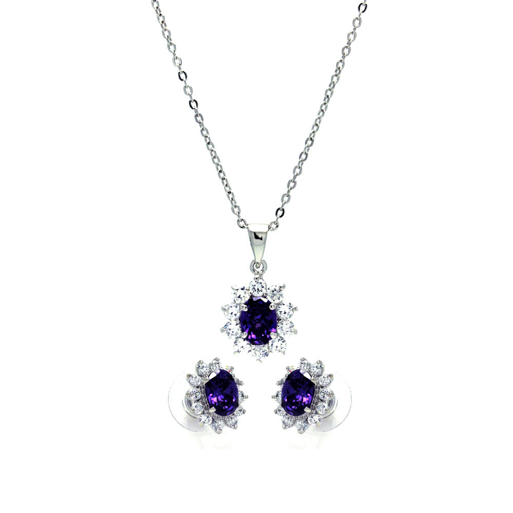 .925 Sterling Silver Rhodium Plated Purple &  Clear Cluster Flower Cubic Zirconia Stud
