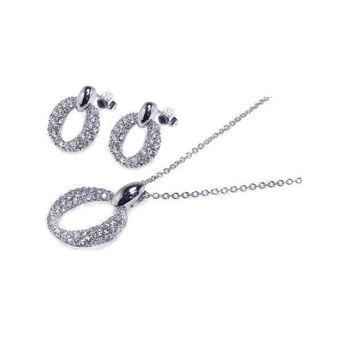 .925 Sterling Silver Rhodium Plated Open Circle Oval Cubic Zirconia Dangling Earring & Necklace Set