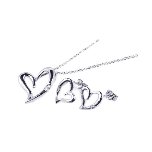 .925 Sterling Silver Rhodium Plated Open Heart Cubic Zirconia Stud Earring & Necklace Set