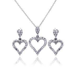 .925 Sterling Silver Rhodium Plated Open Heart Cubic Zirconia Dangling Earring & Necklace Set