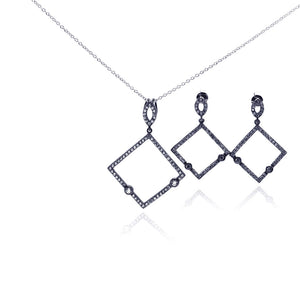 .925 Sterling Silver Rhodium Plated Open Square Black Cubic Zirconia Dangling Earring & Necklace Set