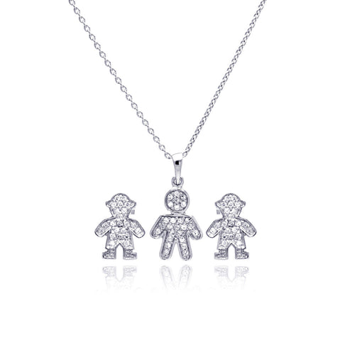 .925 Sterling Silver Rhodium Plated Open Filigree Cubic Zirconia Boy Stud Earring & Necklace Set