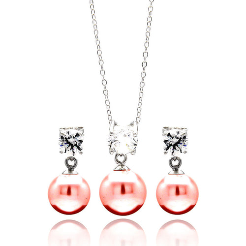 .925 Sterling Silver Rhodium Plated Pink Pearl Dangling Stud Earring & Necklace Set