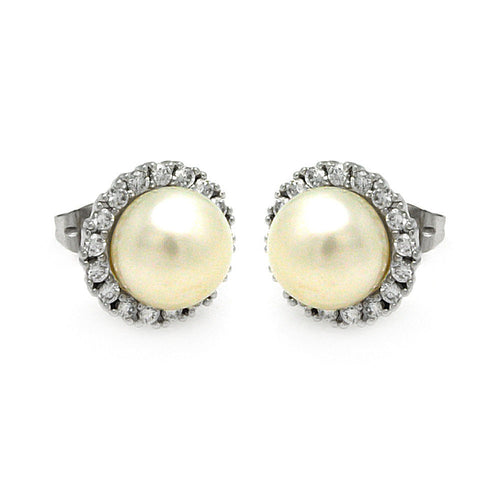 .925 Sterling Silver Rhodioum Plated Round Cubic Zirconia Center Pearl Stud Earring