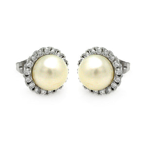 .925 Sterling Silver Rhodioum Plated Round Cubic Zirconia Center Pearl Stud Earring