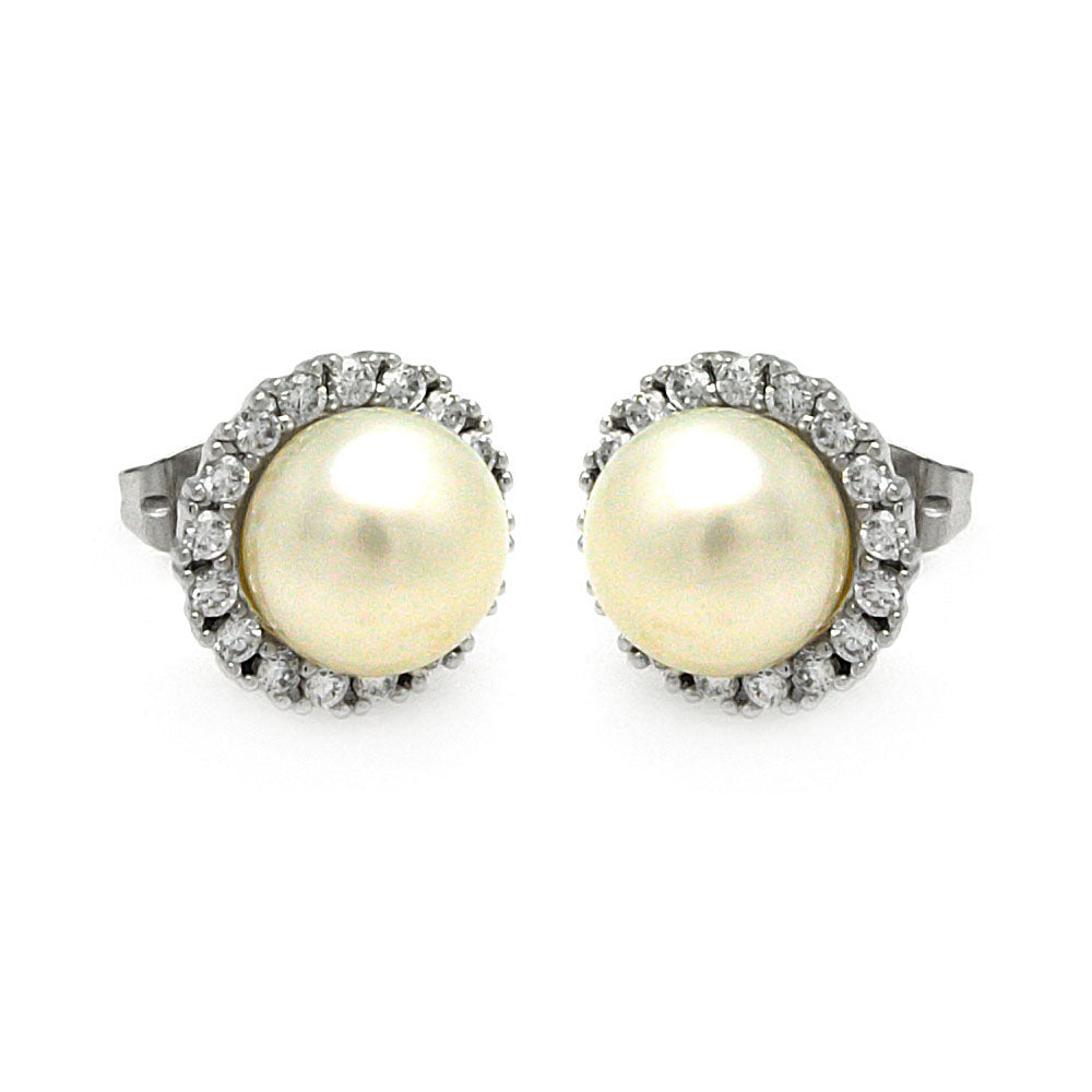 .925 Sterling Silver Rhodioum Plated Round Cubic Zirconia Center Pearl Stud Earring