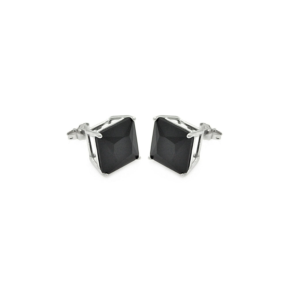 .925 Sterling Silver Rhodium Plated  Square Black Cubic Zirconia Stud Earring