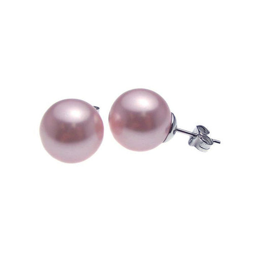 .925 Sterling Silver Rhodium Plated Pink Pearl  Stud Earring=12mm