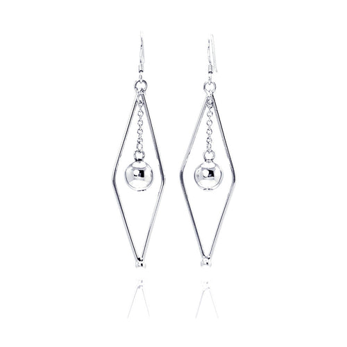 .925 Sterling Silver Rhodium Plated Open Sharp Marquise Wire Dangling Center Ball Hook Earring