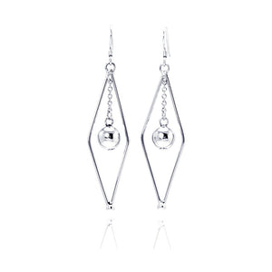 .925 Sterling Silver Rhodium Plated Open Sharp Marquise Wire Dangling Center Ball Hook Earring