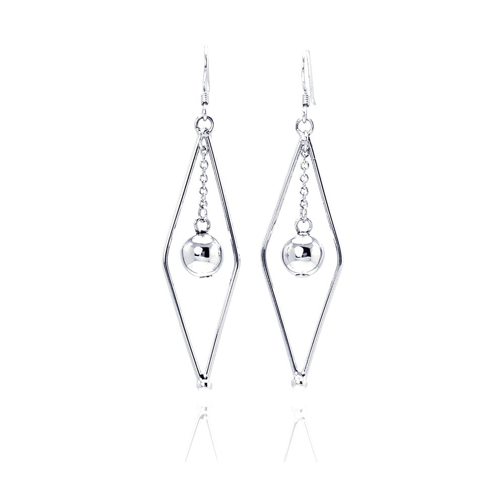 .925 Sterling Silver Rhodium Plated Open Sharp Marquise Wire Dangling Center Ball Hook Earring