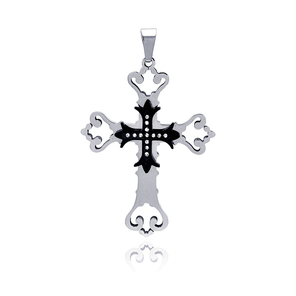 Stainless Steel Black Center Double Cross Clear Cubic Zirconia Charm Pendant