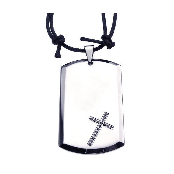 Stainless Steel Cross Clear Cubic Zirconia Dog Tag Black Cord Pendant Necklace