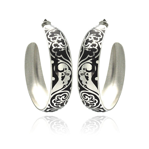 Stainless Steel Black Enamel Flower Design Hoop Earring