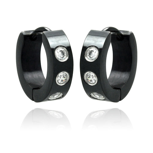 Stainless Steel Black Rhodium Clear Cubic Zirconia Hoop Earring