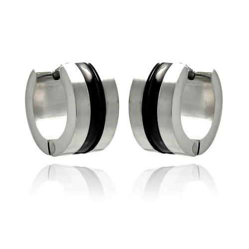 Stainless Steel Black Enamel Line Center Hoop Earring