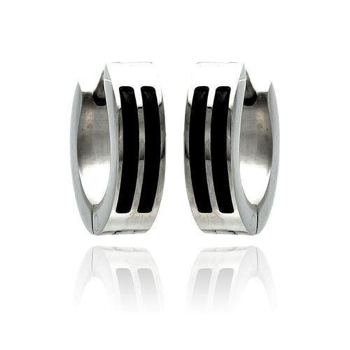 Stainless Steel Black Enamel Lines Hoop Earring
