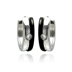 Stainless Steel Black Enamel Single Clear Cubic Zirconia Hoop Earring